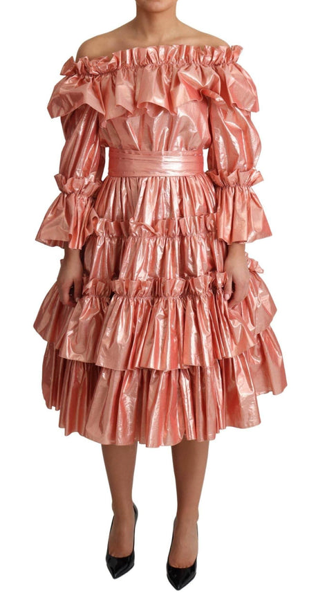 Dolce & Gabbana Pink Metallic Ruffled Gown Elegance - Hilstor