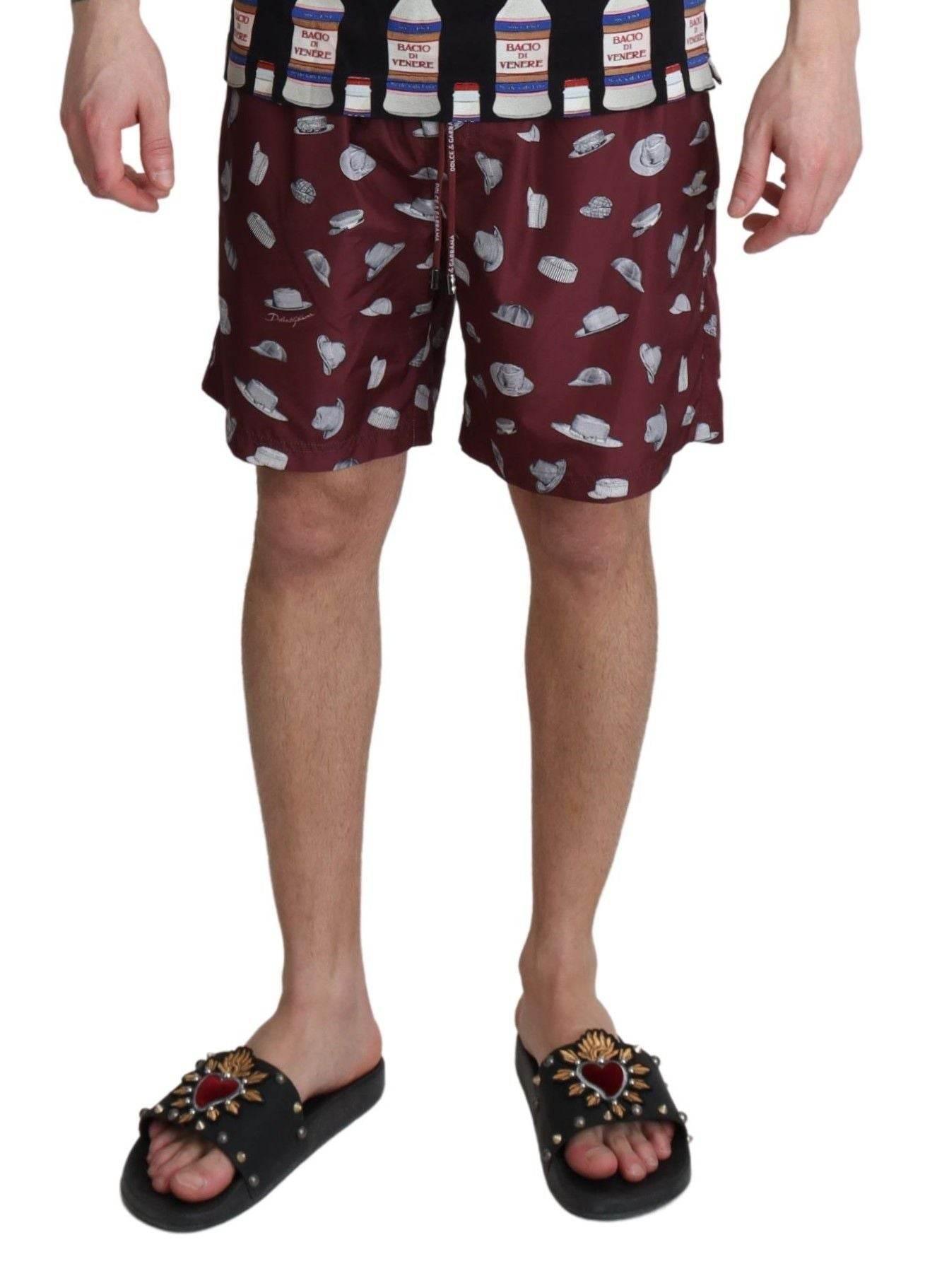 Dolce & Gabbana Maroon Hats Print Beachwear Shorts Swimwear - Hilstor