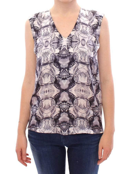 Arzu Kaprol Gray Blue Silk Sleeveless Top Shirt Blouse - Hilstor