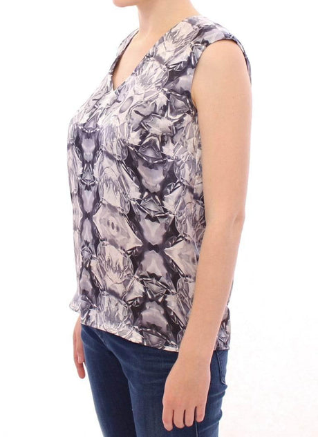 Arzu Kaprol Gray Blue Silk Sleeveless Top Shirt Blouse - Hilstor