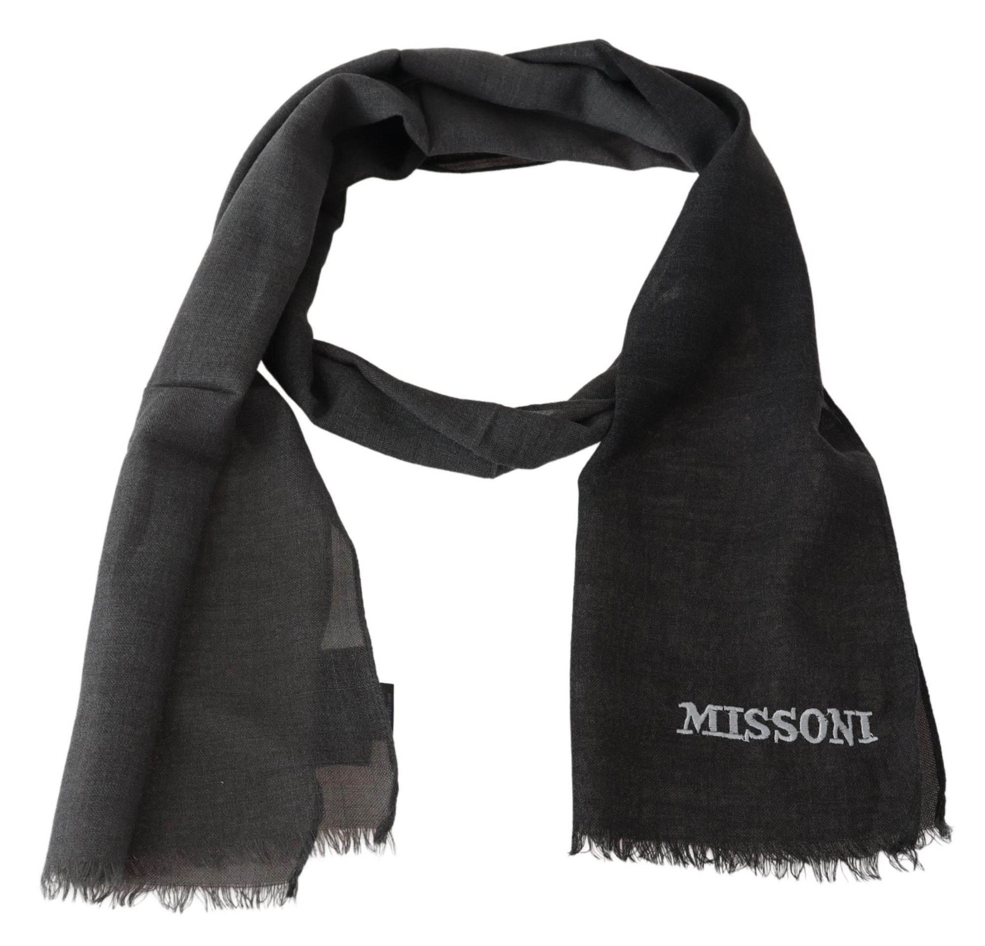 Missoni Gray Wool Unisex Neck Wrap Shawl Fringes Logo Scarf - Hilstor