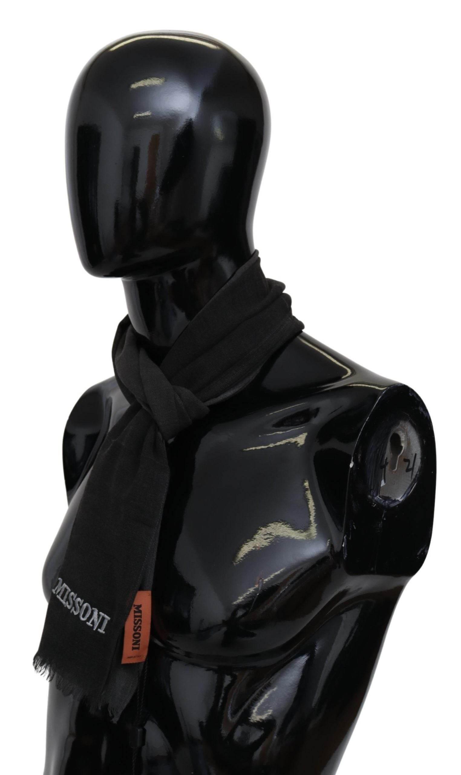 Missoni Black Wool Unisex Neck Wrap Shawl Fringes Logo Scarf - Hilstor