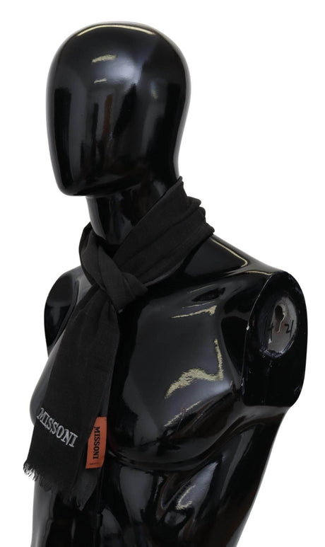 Missoni Black Wool Unisex Neck Wrap Shawl Fringes Logo Scarf - Hilstor