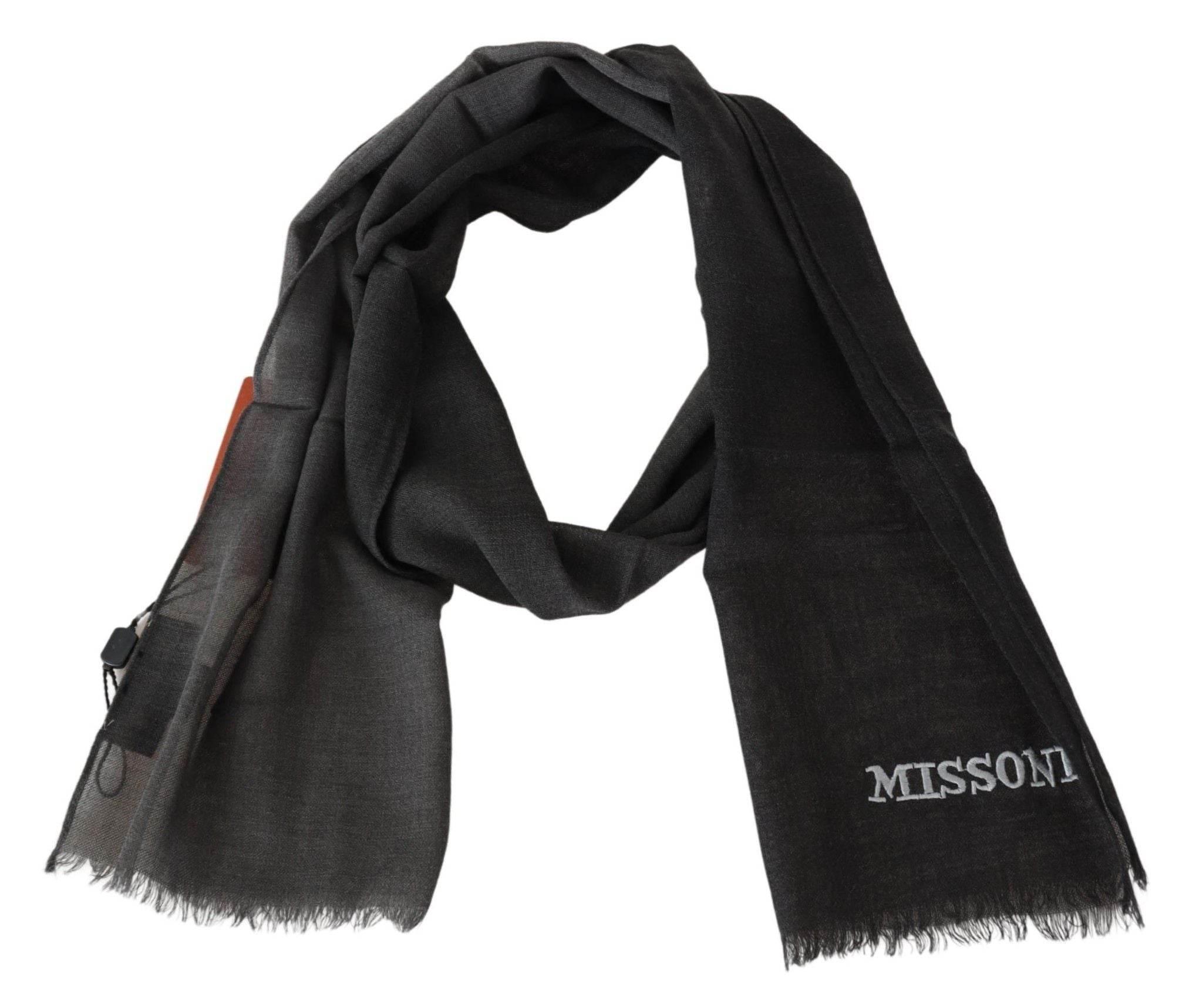 Missoni Black Wool Unisex Neck Wrap Shawl Fringes Logo Scarf - Hilstor
