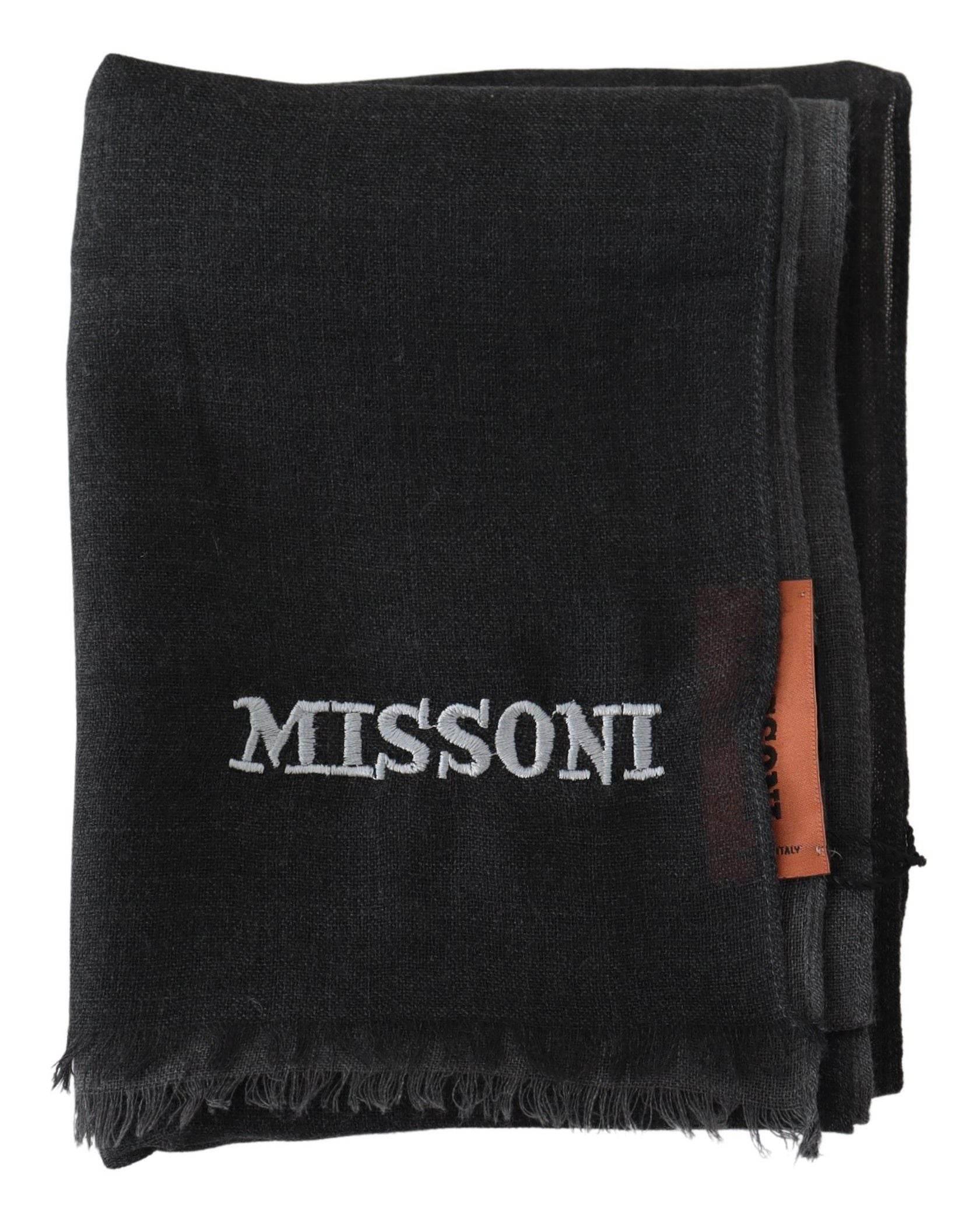 Missoni Black Wool Unisex Neck Wrap Shawl Fringes Logo Scarf - Hilstor