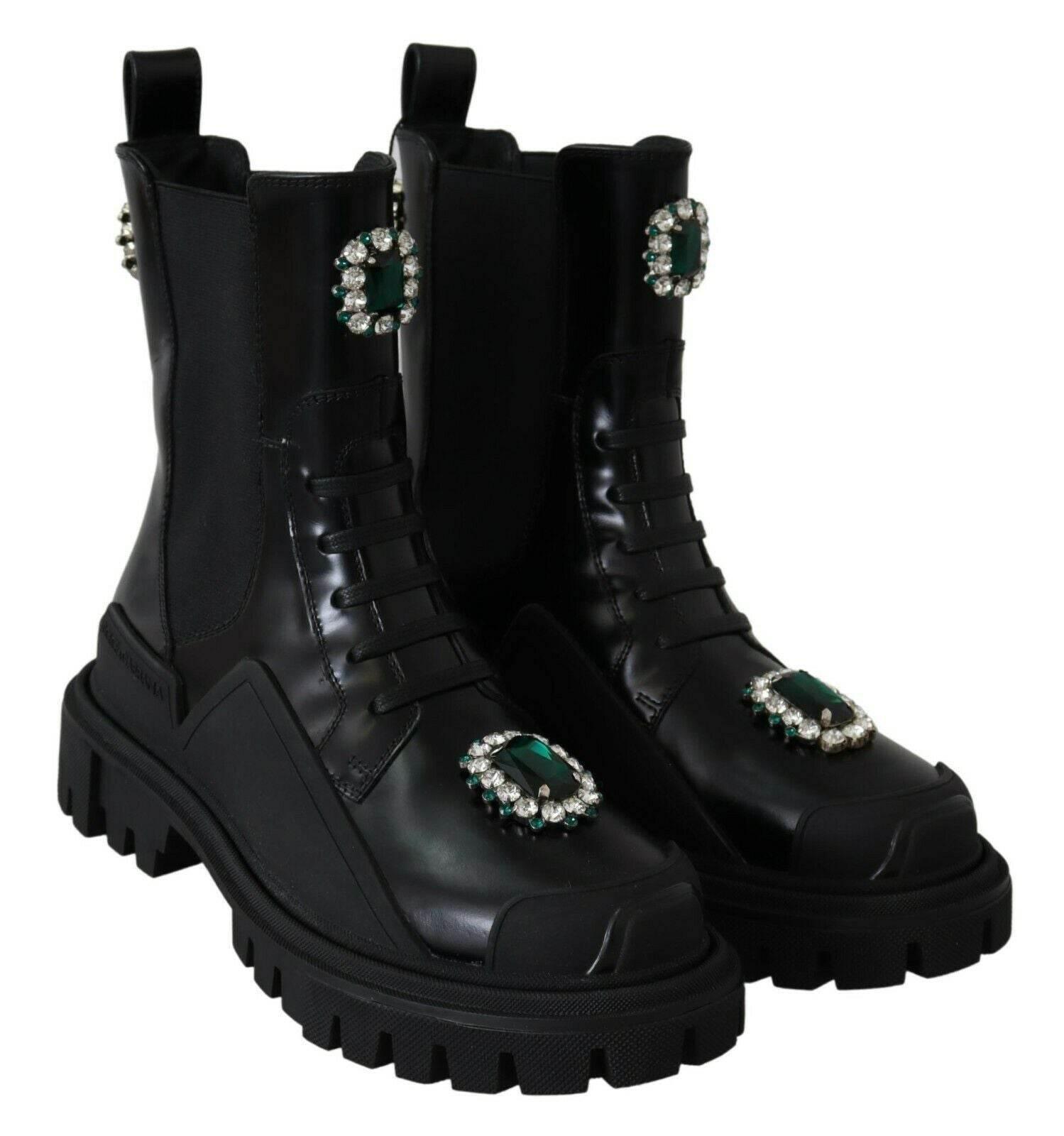 Dolce & Gabbana Elegant Black Leather Combat Boots with Crystal Detail - Hilstor