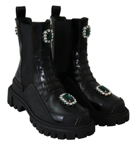 Dolce & Gabbana Elegant Black Leather Combat Boots with Crystal Detail - Hilstor