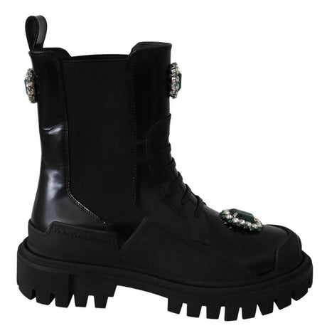 Dolce & Gabbana Elegant Black Leather Combat Boots with Crystal Detail - Hilstor