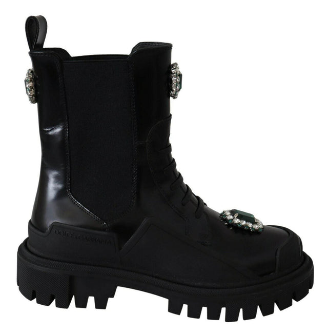 Dolce & Gabbana Elegant Black Leather Combat Boots with Crystal Detail - Hilstor