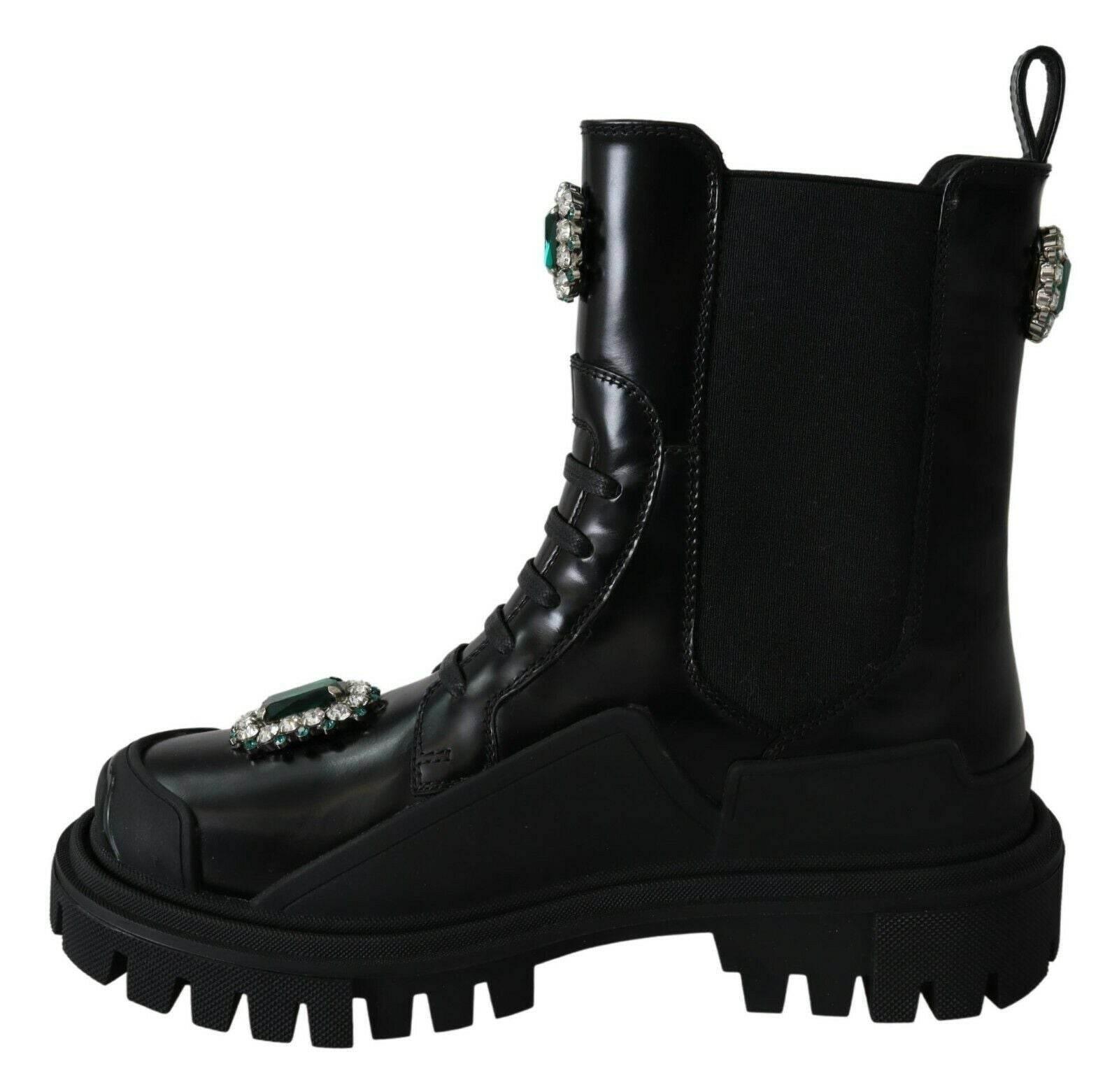 Dolce & Gabbana Elegant Black Leather Combat Boots with Crystal Detail - Hilstor