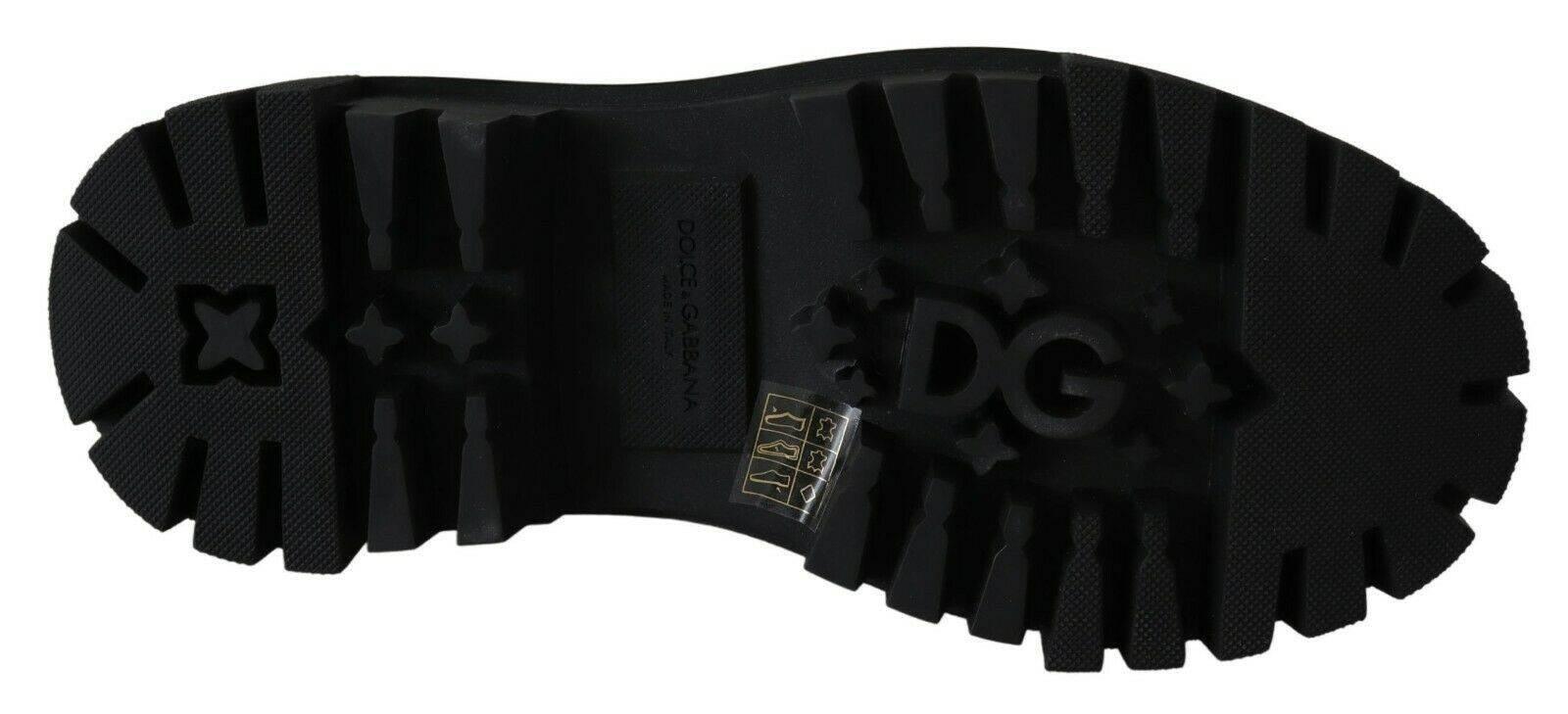 Dolce & Gabbana Elegant Black Leather Combat Boots with Crystal Detail - Hilstor