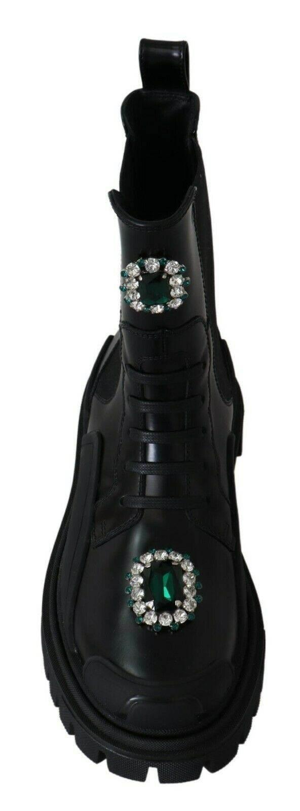 Dolce & Gabbana Elegant Black Leather Combat Boots with Crystal Detail - Hilstor