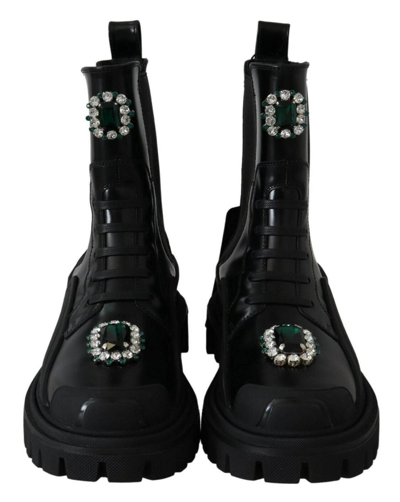 Dolce & Gabbana Elegant Black Leather Combat Boots with Crystal Detail - Hilstor
