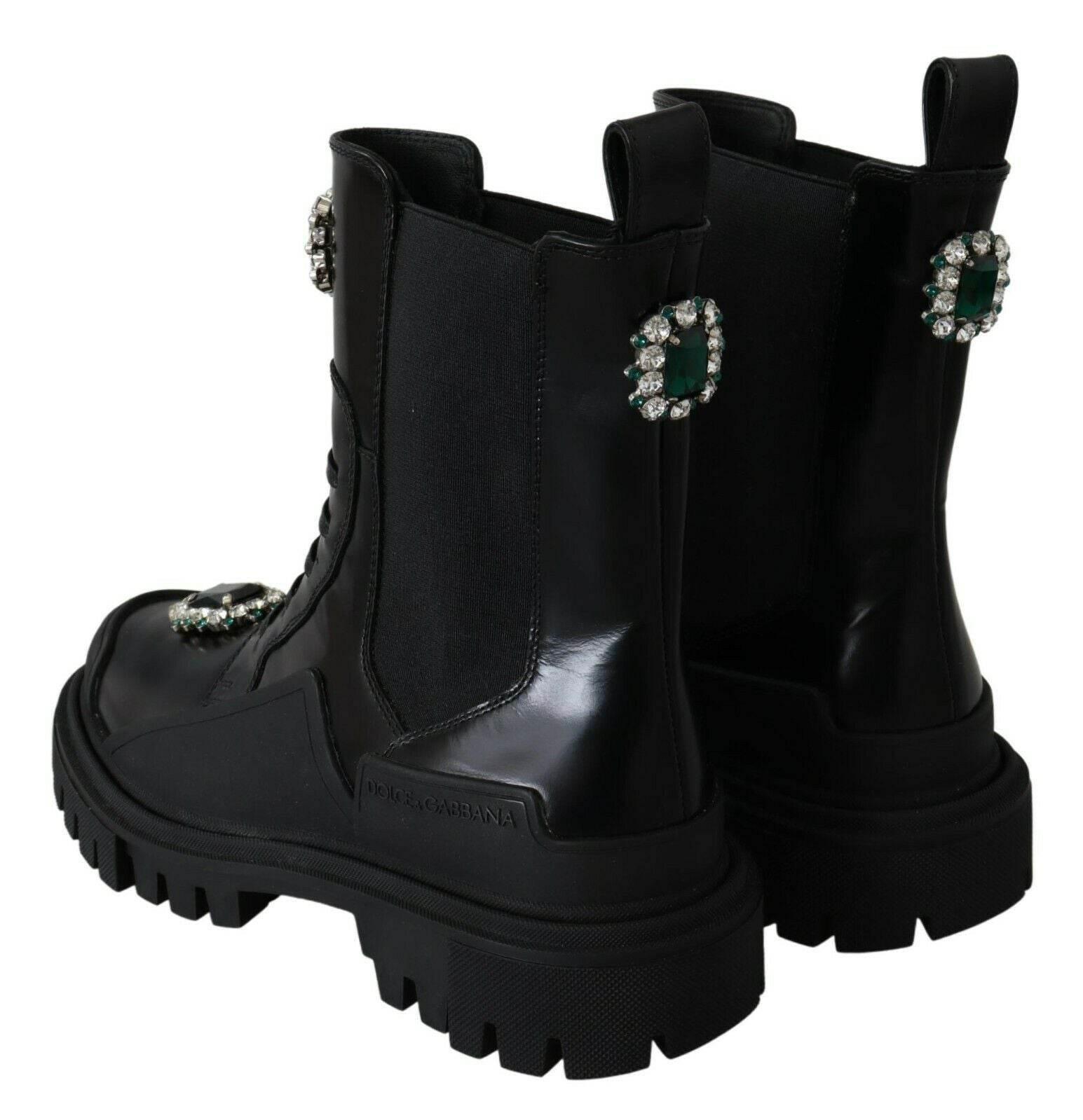 Dolce & Gabbana Elegant Black Leather Combat Boots with Crystal Detail - Hilstor
