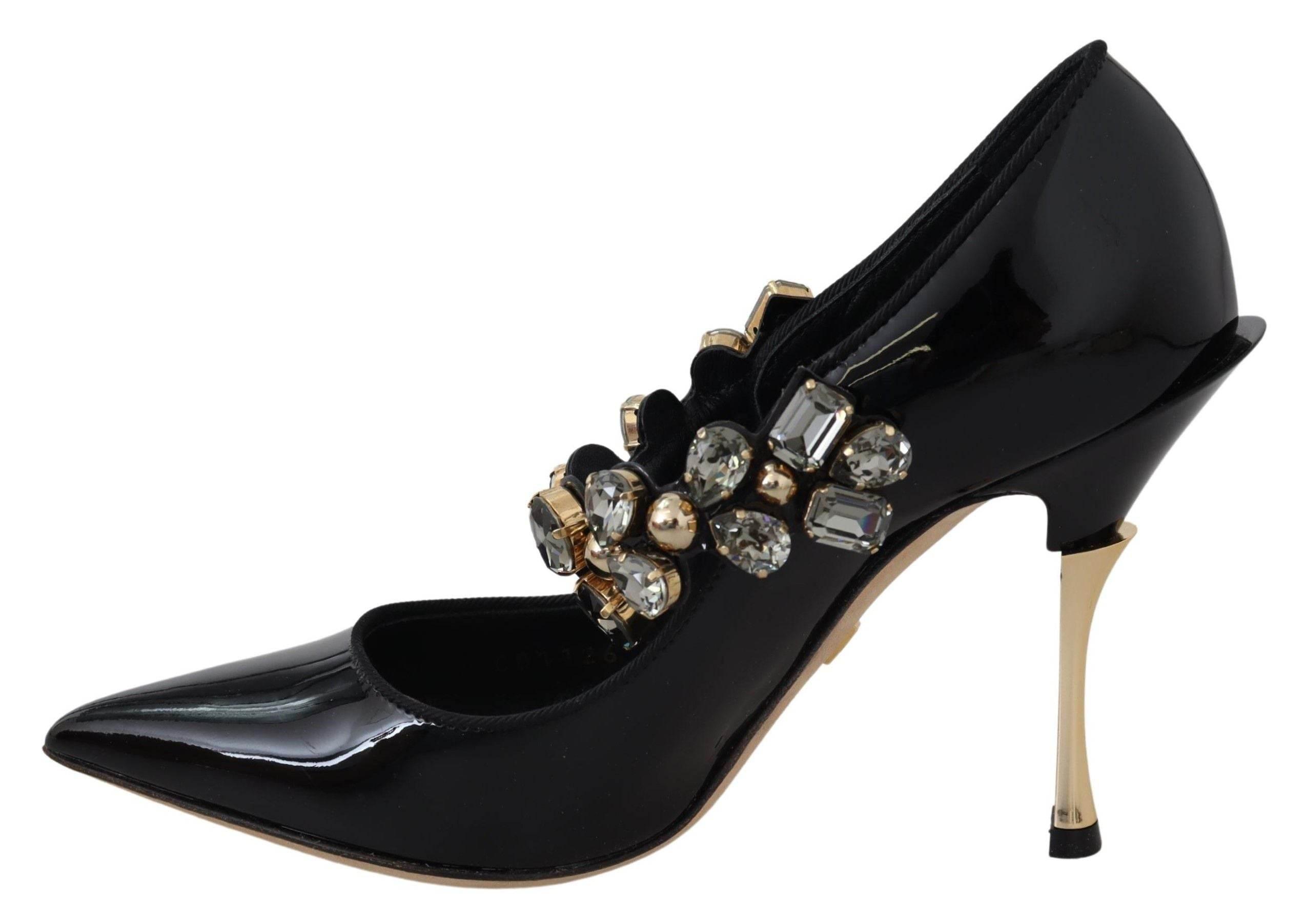 Dolce & Gabbana Elegant Black Leather Crystal Pumps - Hilstor
