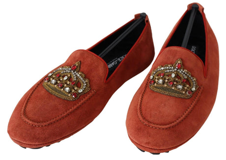 Dolce & Gabbana Opulent Orange Leather Loafers with Gold Embroidery - Hilstor