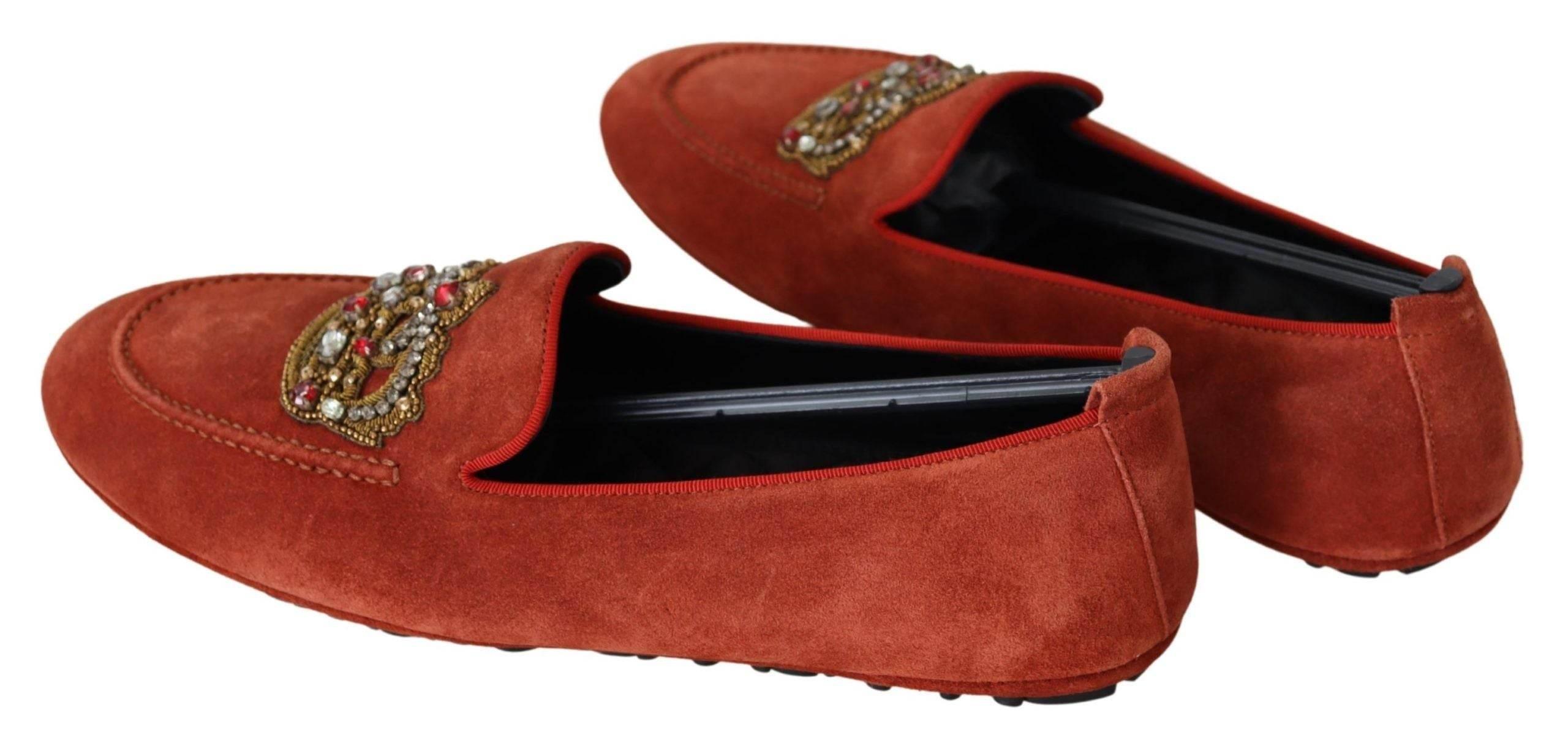 Dolce & Gabbana Opulent Orange Leather Loafers with Gold Embroidery - Hilstor