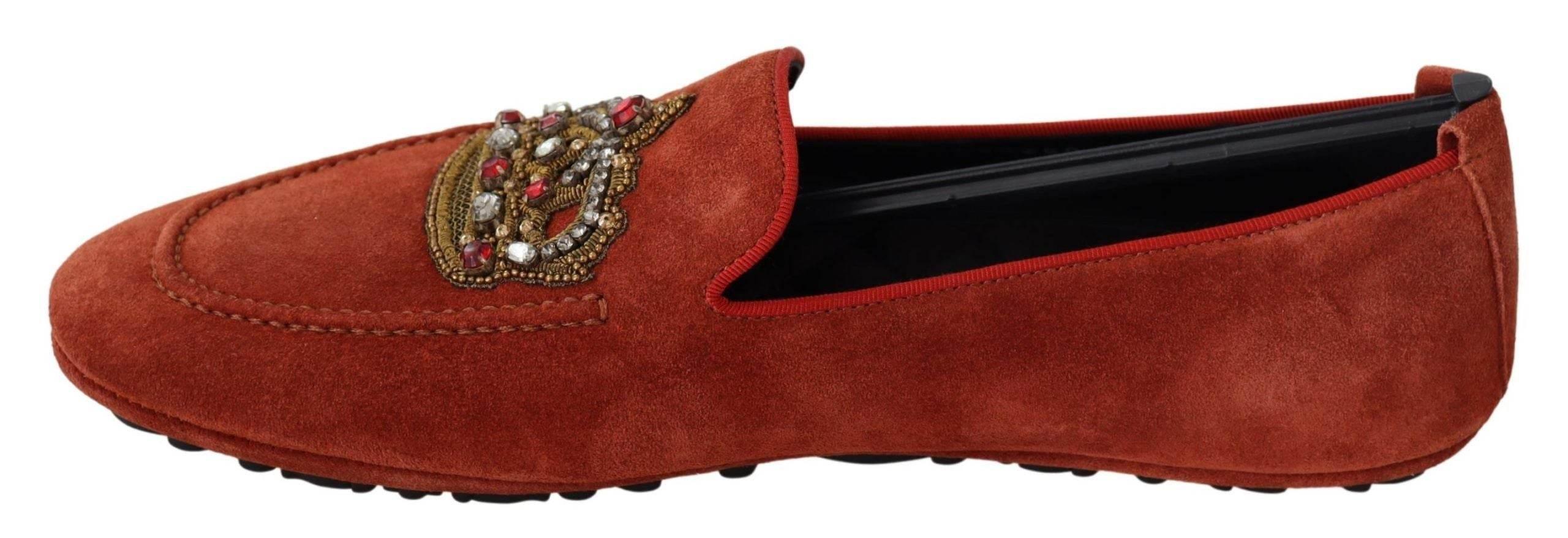 Dolce & Gabbana Opulent Orange Leather Loafers with Gold Embroidery - Hilstor