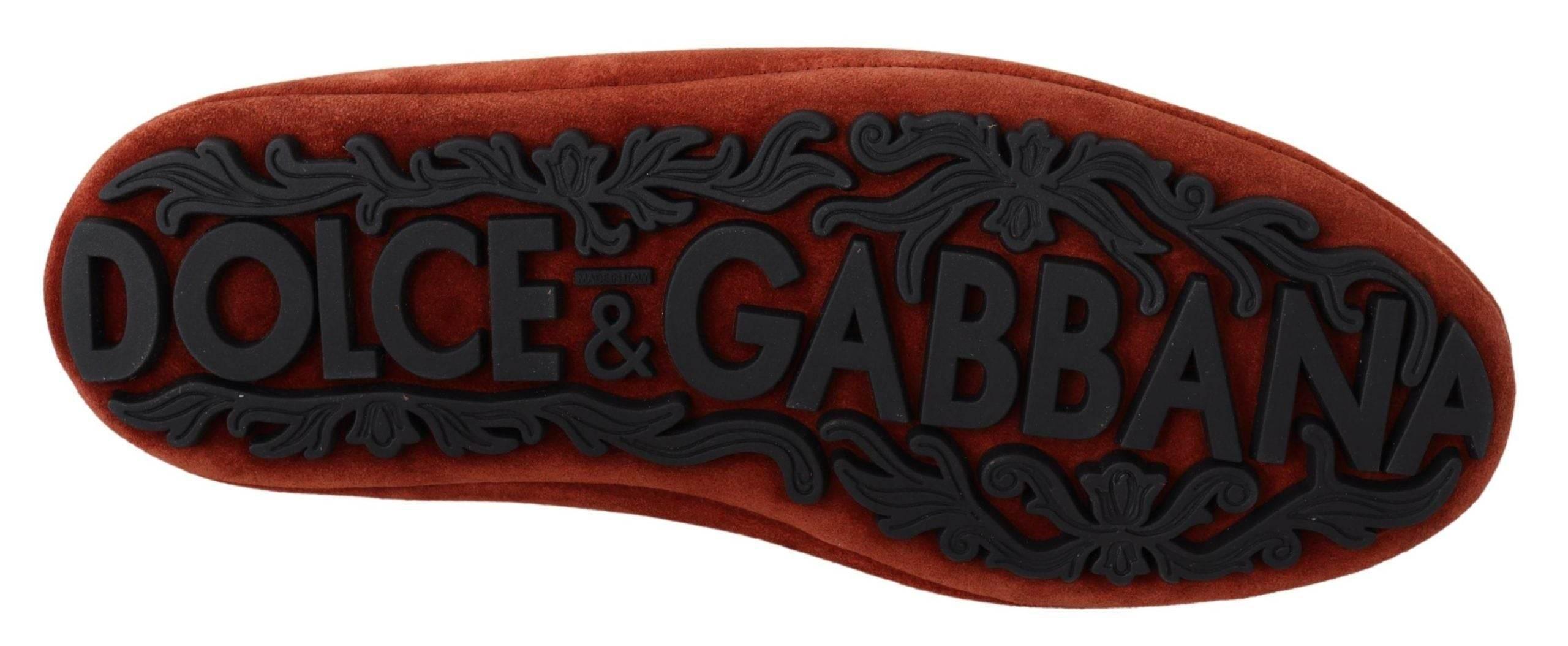 Dolce & Gabbana Opulent Orange Leather Loafers with Gold Embroidery - Hilstor