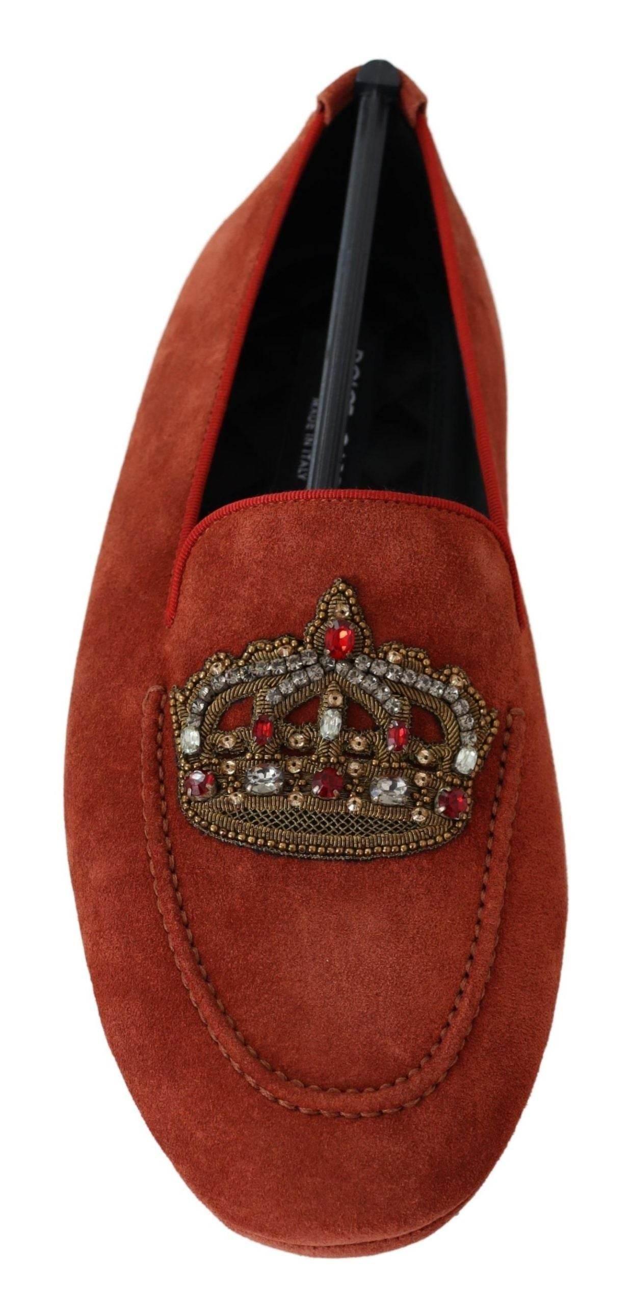 Dolce & Gabbana Opulent Orange Leather Loafers with Gold Embroidery - Hilstor