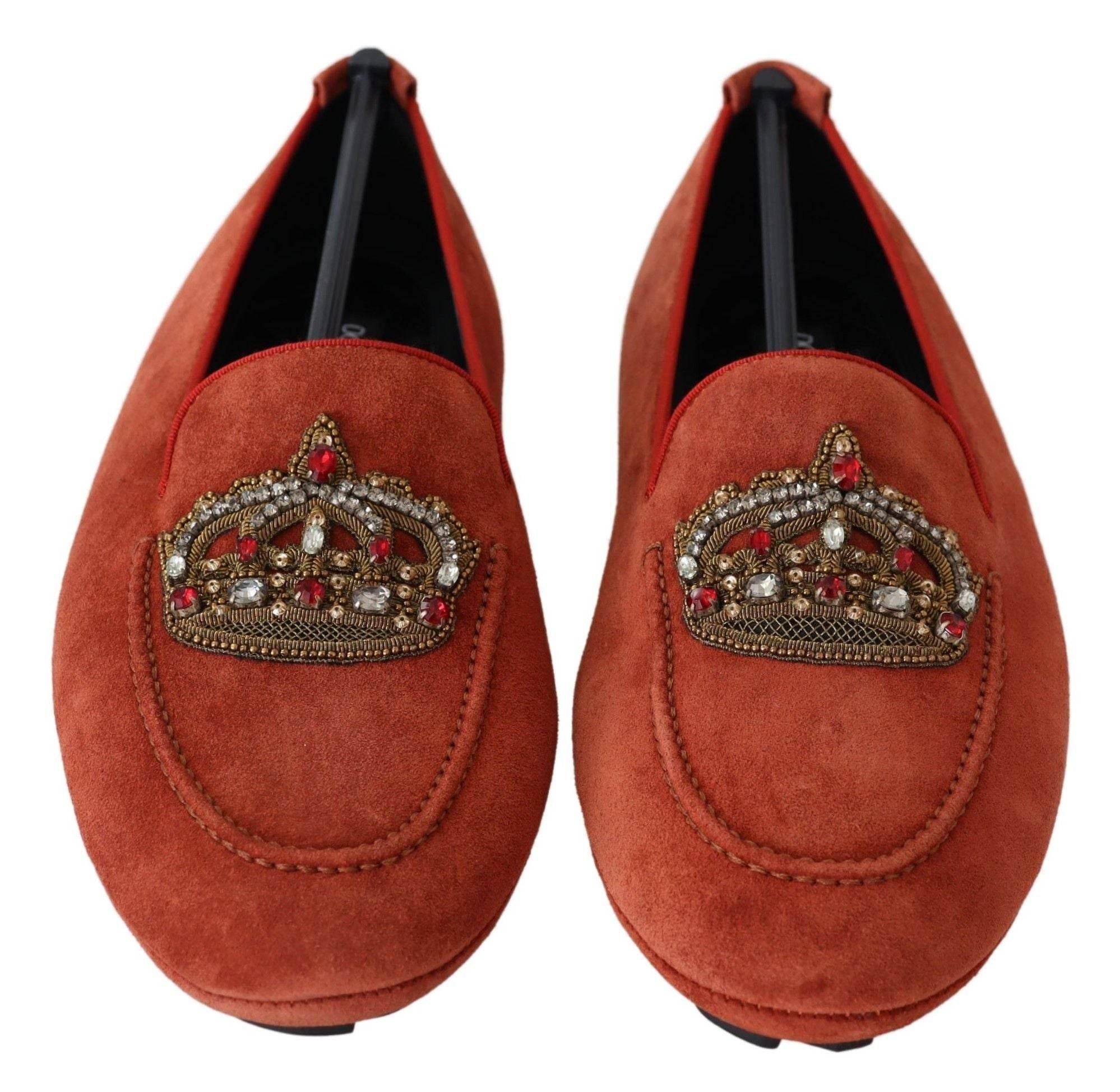 Dolce & Gabbana Opulent Orange Leather Loafers with Gold Embroidery - Hilstor