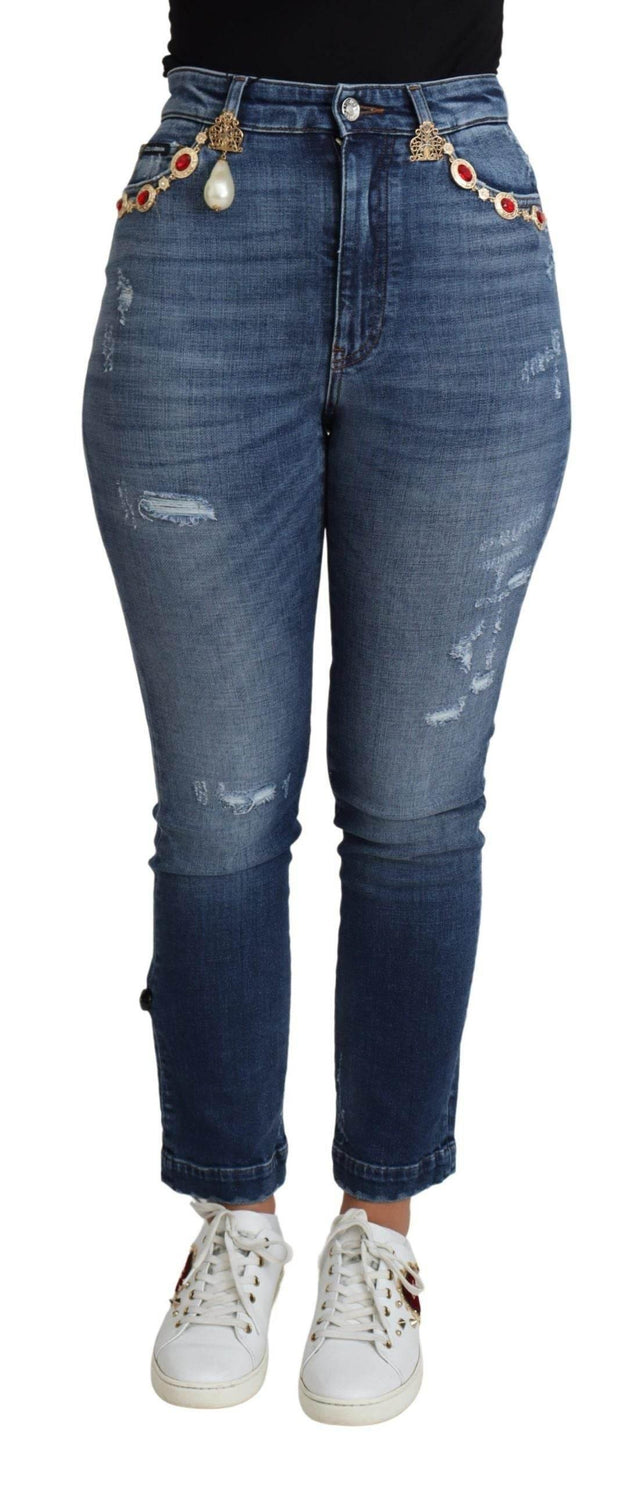 Dolce & Gabbana Blue Embellished Skinny Trouser Cotton Jeans - Hilstor