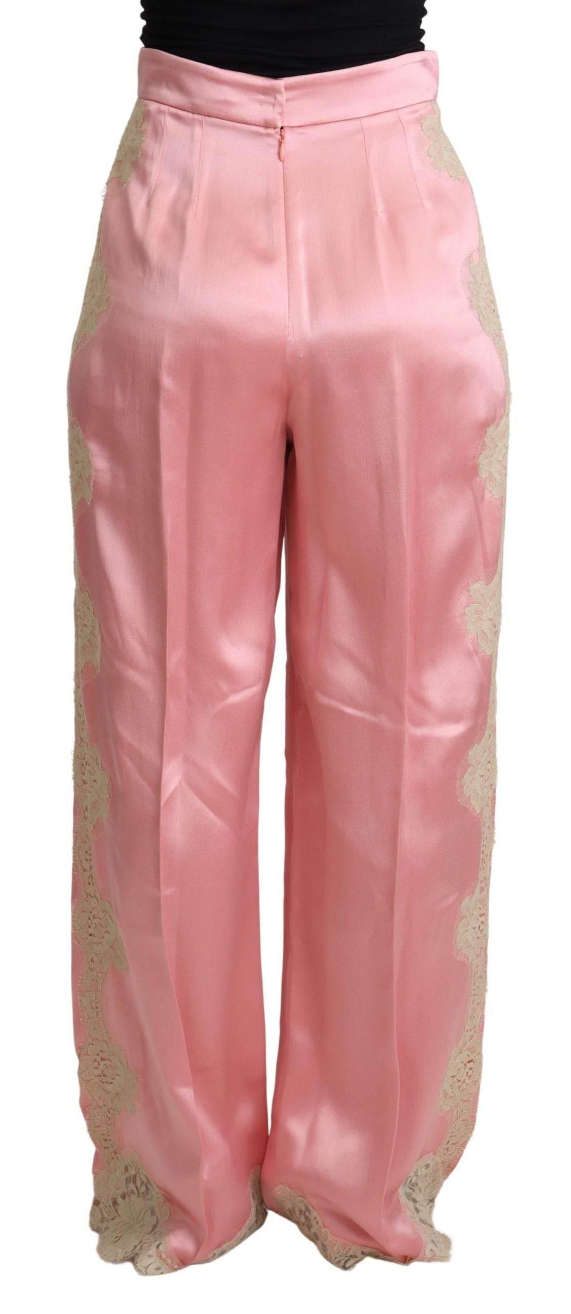 Dolce & Gabbana Pink Lace Trimmed Silk Satin Wide Legs Pants - Hilstor