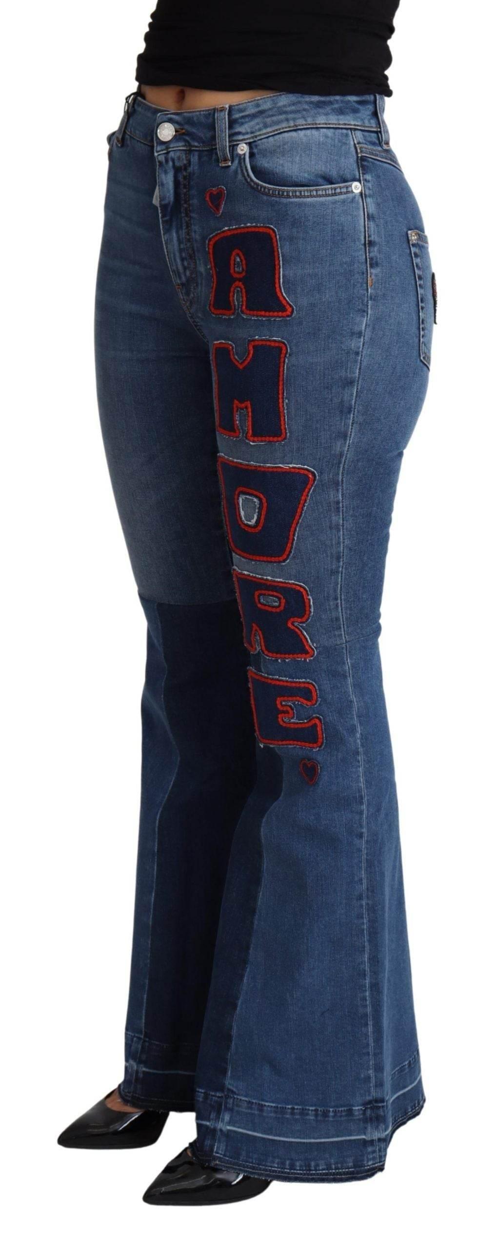 Dolce & Gabbana Blue Amore Patch Boot Cut Cotton Stretch Pant - Hilstor