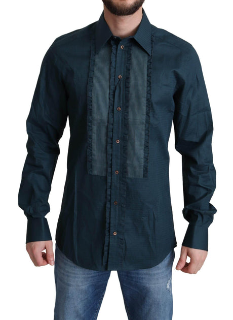 Dolce & Gabbana Elegant Blue Ruffled Tuxedo Shirt - Hilstor