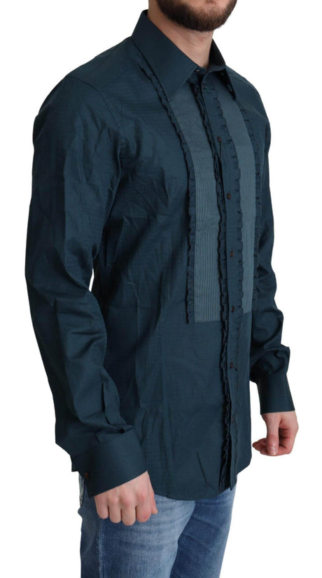 Dolce & Gabbana Elegant Blue Ruffled Tuxedo Shirt - Hilstor