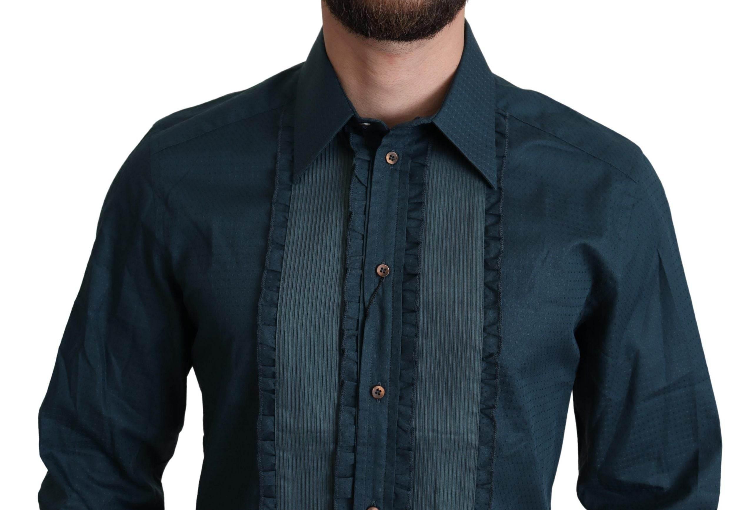 Dolce & Gabbana Elegant Blue Ruffled Tuxedo Shirt - Hilstor