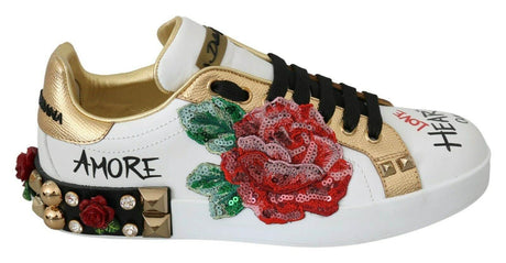 Dolce & Gabbana White Roses Sequined Crystal Womens Sneakers Shoes - Hilstor