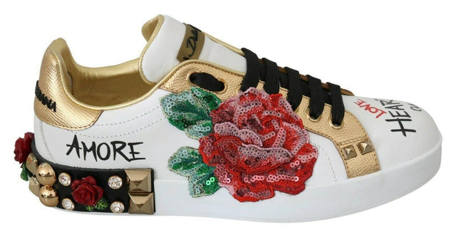Dolce & Gabbana White Roses Sequined Crystal Womens Sneakers Shoes - Hilstor