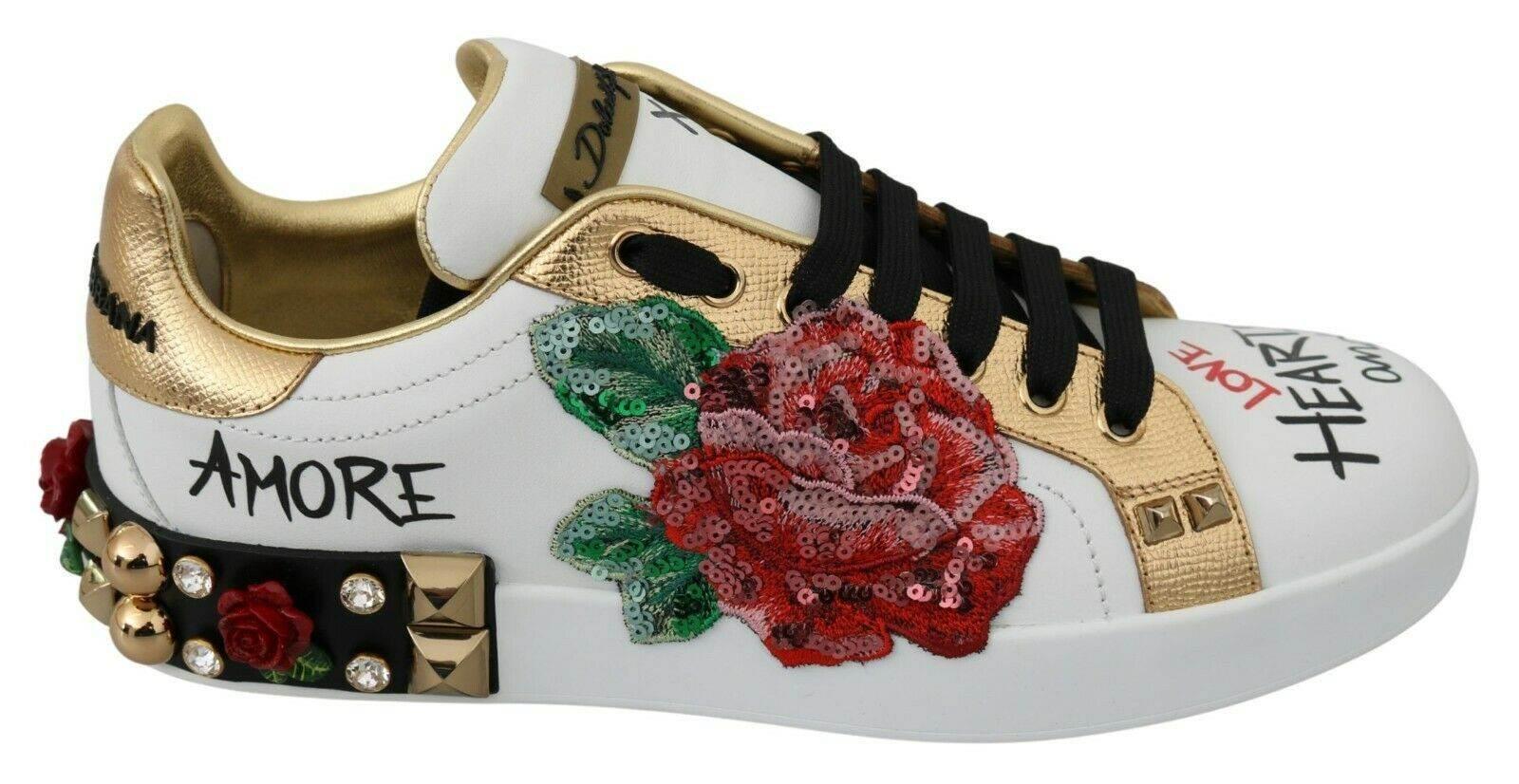Dolce & Gabbana White Roses Sequined Crystal Womens Sneakers Shoes - Hilstor