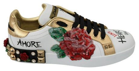 Dolce & Gabbana White Roses Sequined Crystal Womens Sneakers Shoes - Hilstor