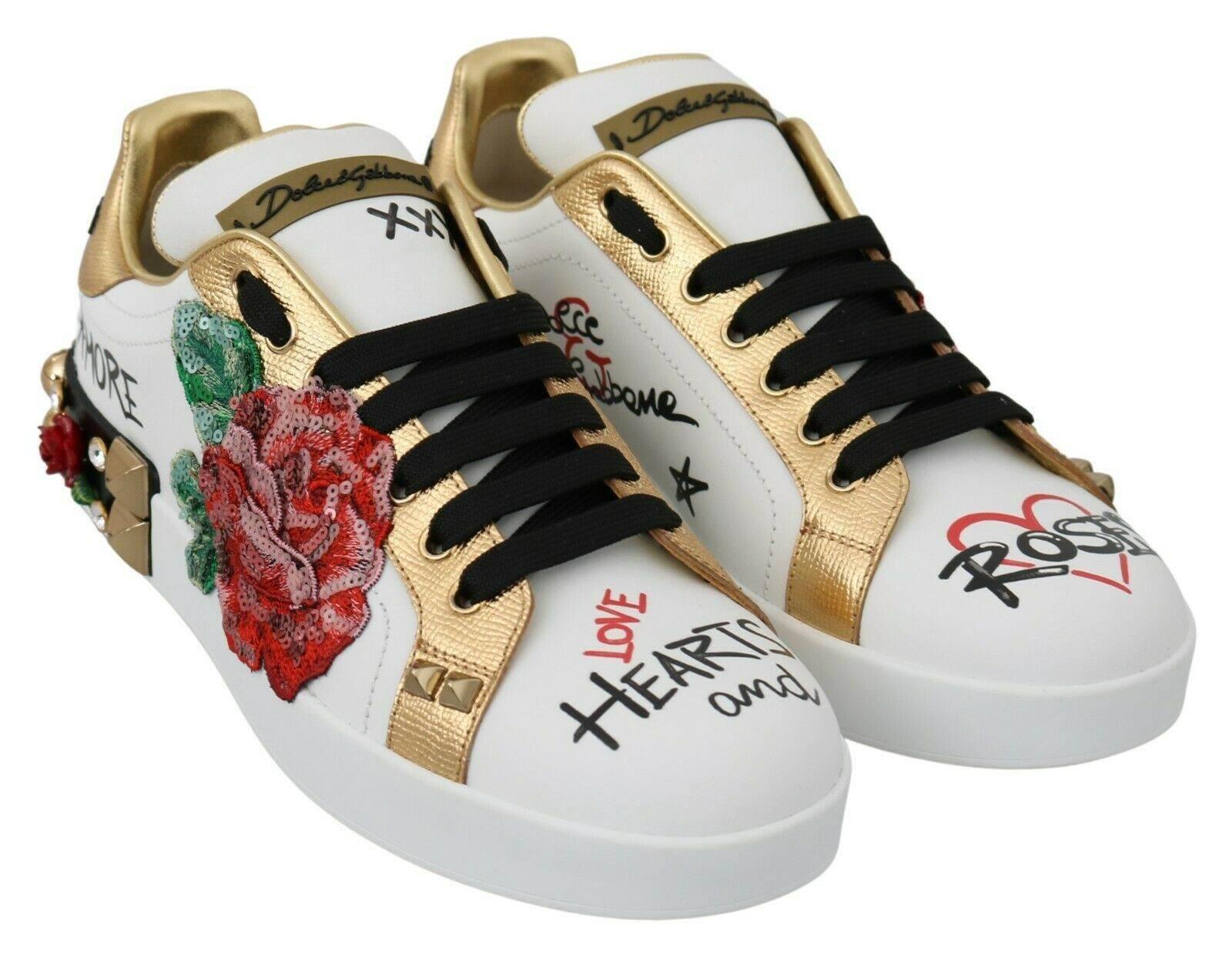 Dolce & Gabbana White Roses Sequined Crystal Womens Sneakers Shoes - Hilstor