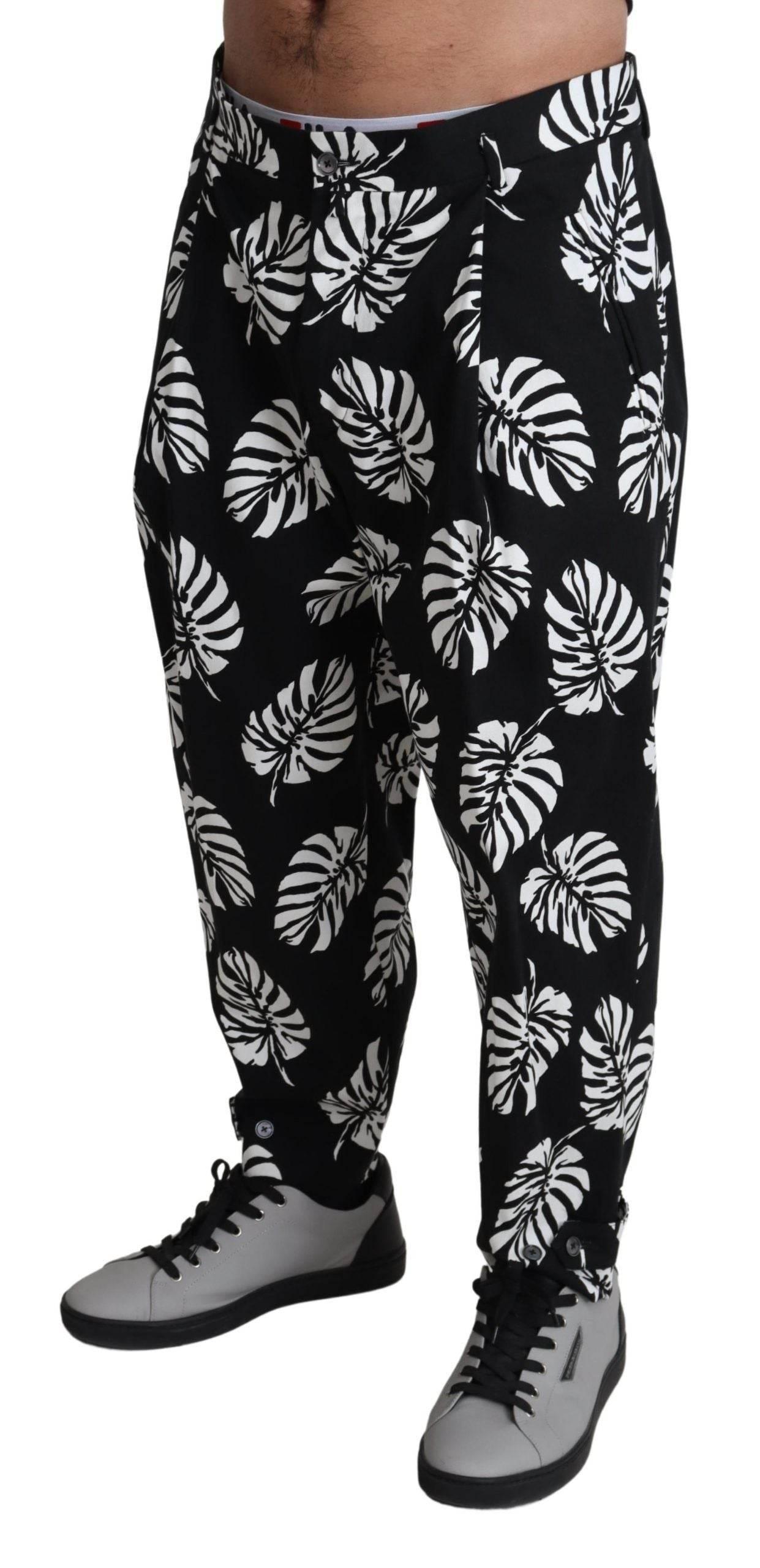 Dolce & Gabbana Black Leaf Cotton Stretch Trouser Pants Pants - Hilstor