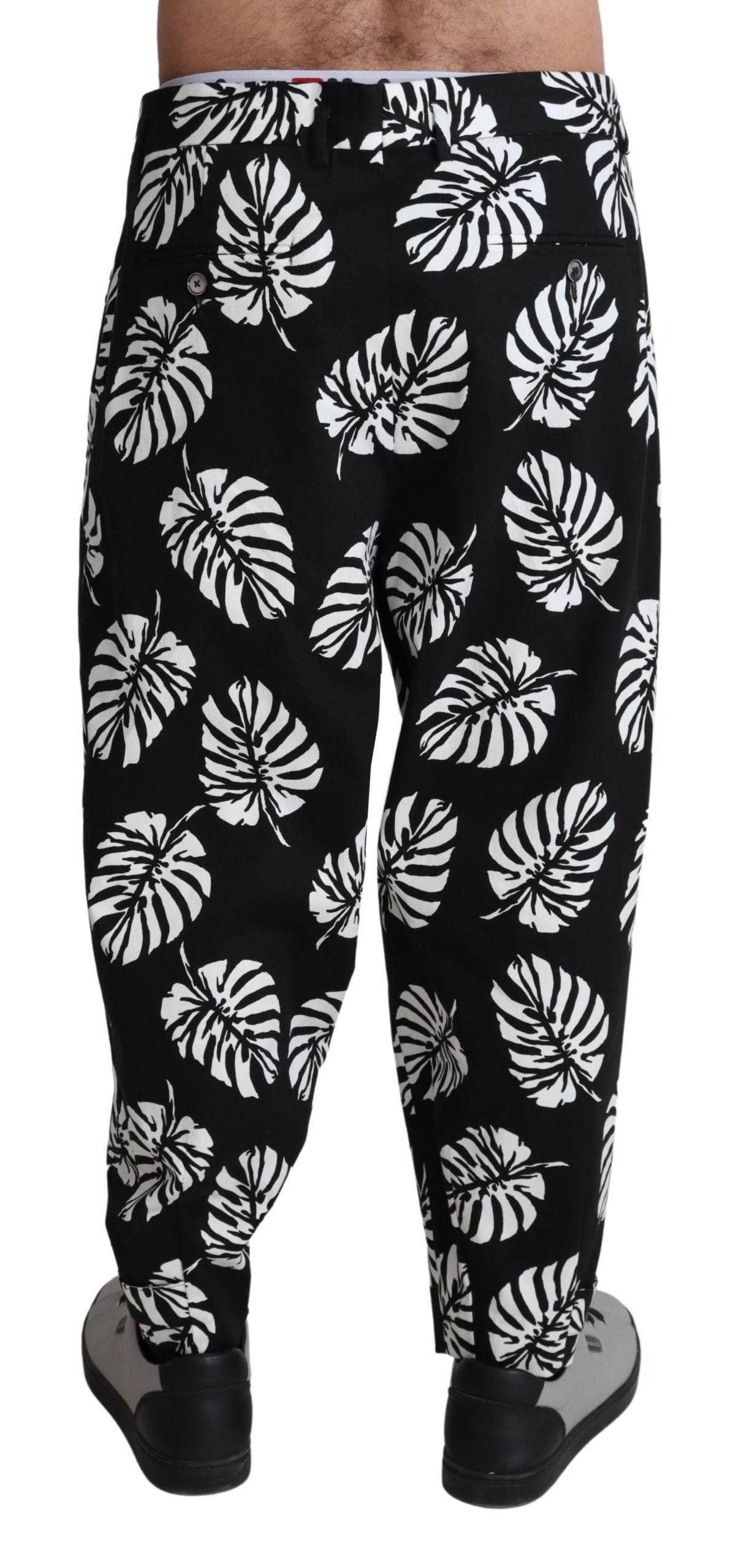 Dolce & Gabbana Black Leaf Cotton Stretch Trouser Pants Pants - Hilstor