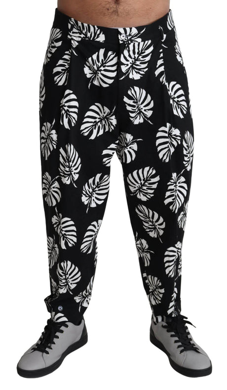 Dolce & Gabbana Black Leaf Cotton Stretch Trouser Pants Pants - Hilstor