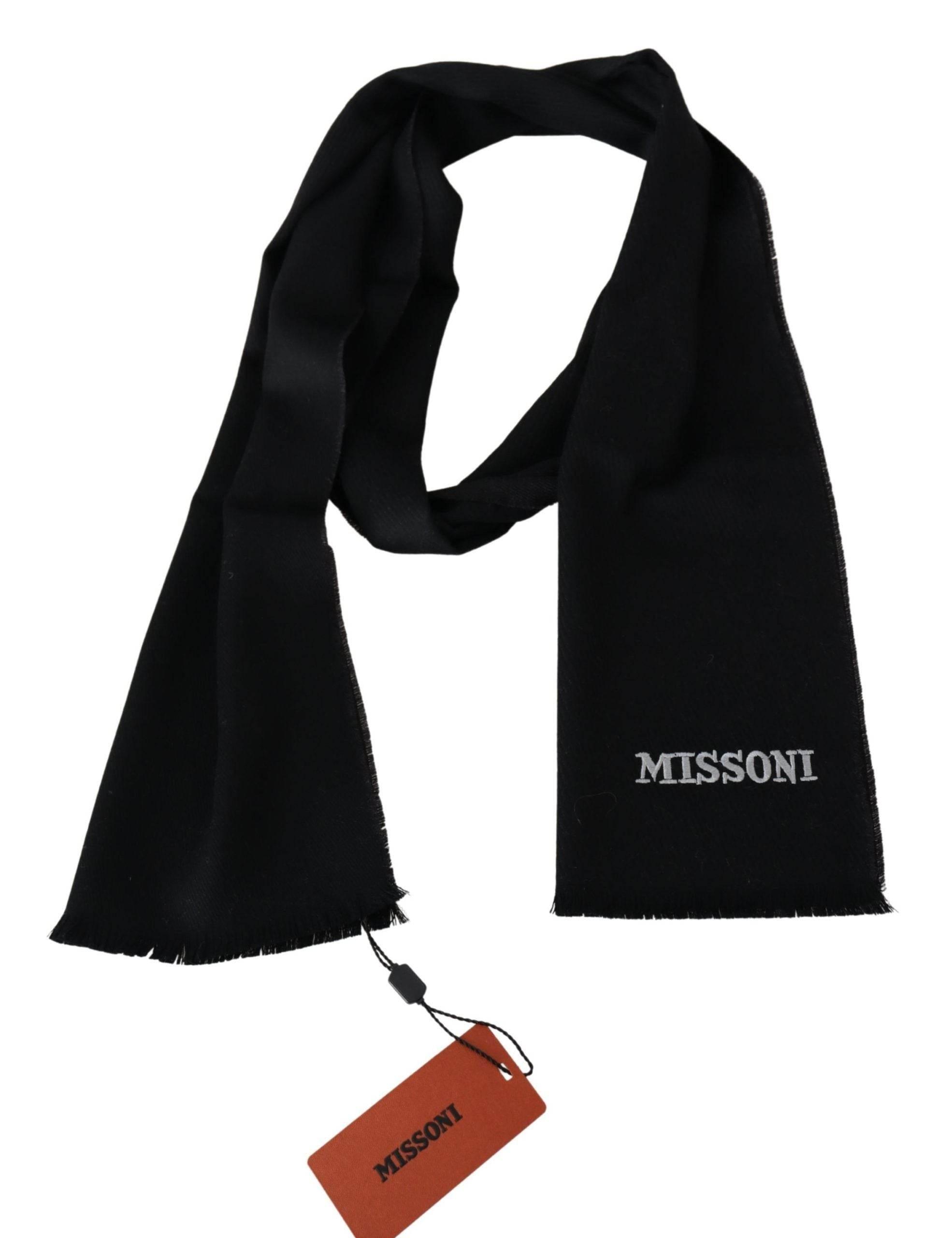Missoni Black 100% Wool Unisex Neck Wrap Fringes Logo Scarf - Hilstor