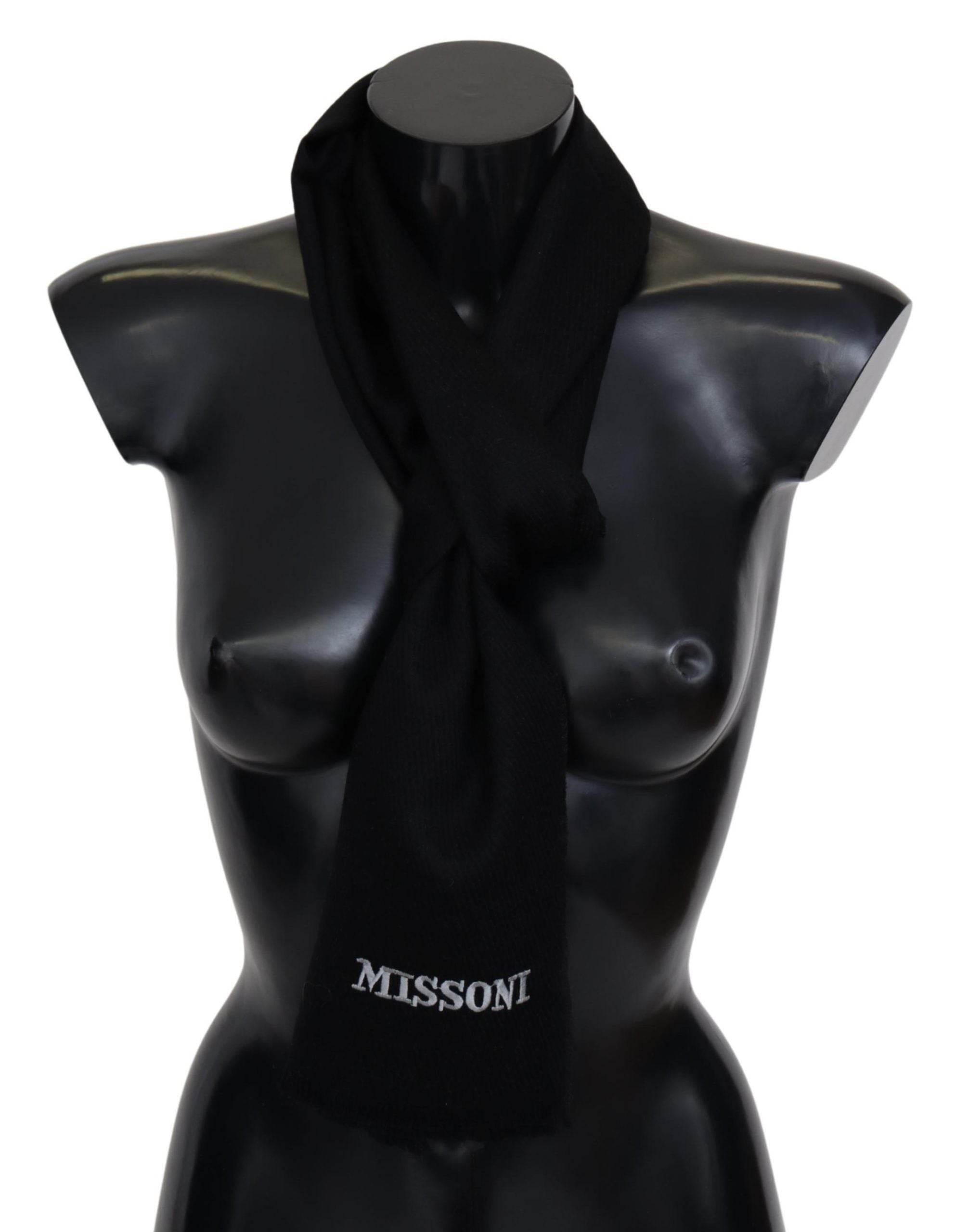 Missoni Black 100% Wool Unisex Neck Wrap Fringes Logo Scarf - Hilstor
