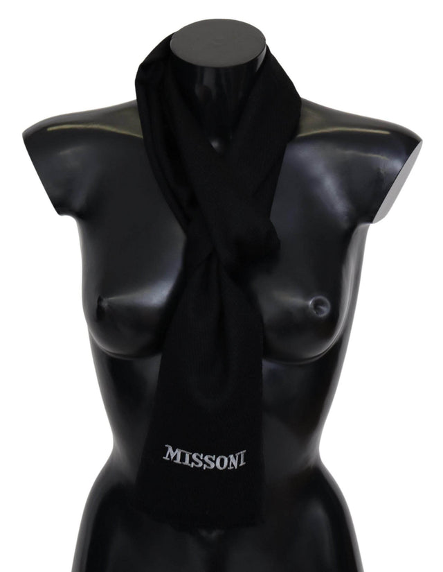 Missoni Black 100% Wool Unisex Neck Wrap Fringes Logo Scarf - Hilstor