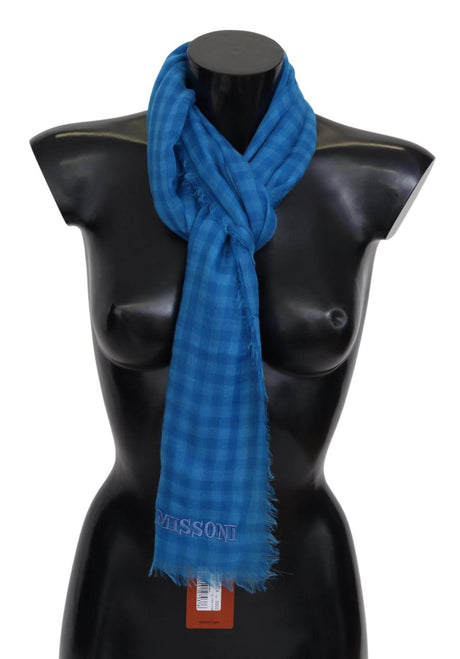 Missoni Blue Checkered Cashmere Unisex Wrap Fringes Scarf - Hilstor