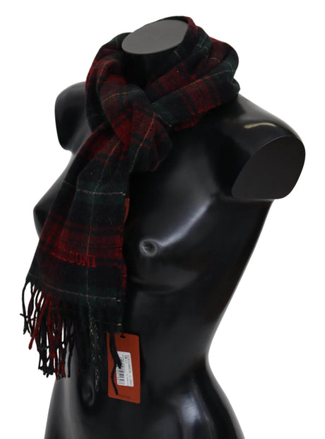 Missoni Black Red Check Wool Unisex Neck Wrap Fringes Scarf - Hilstor
