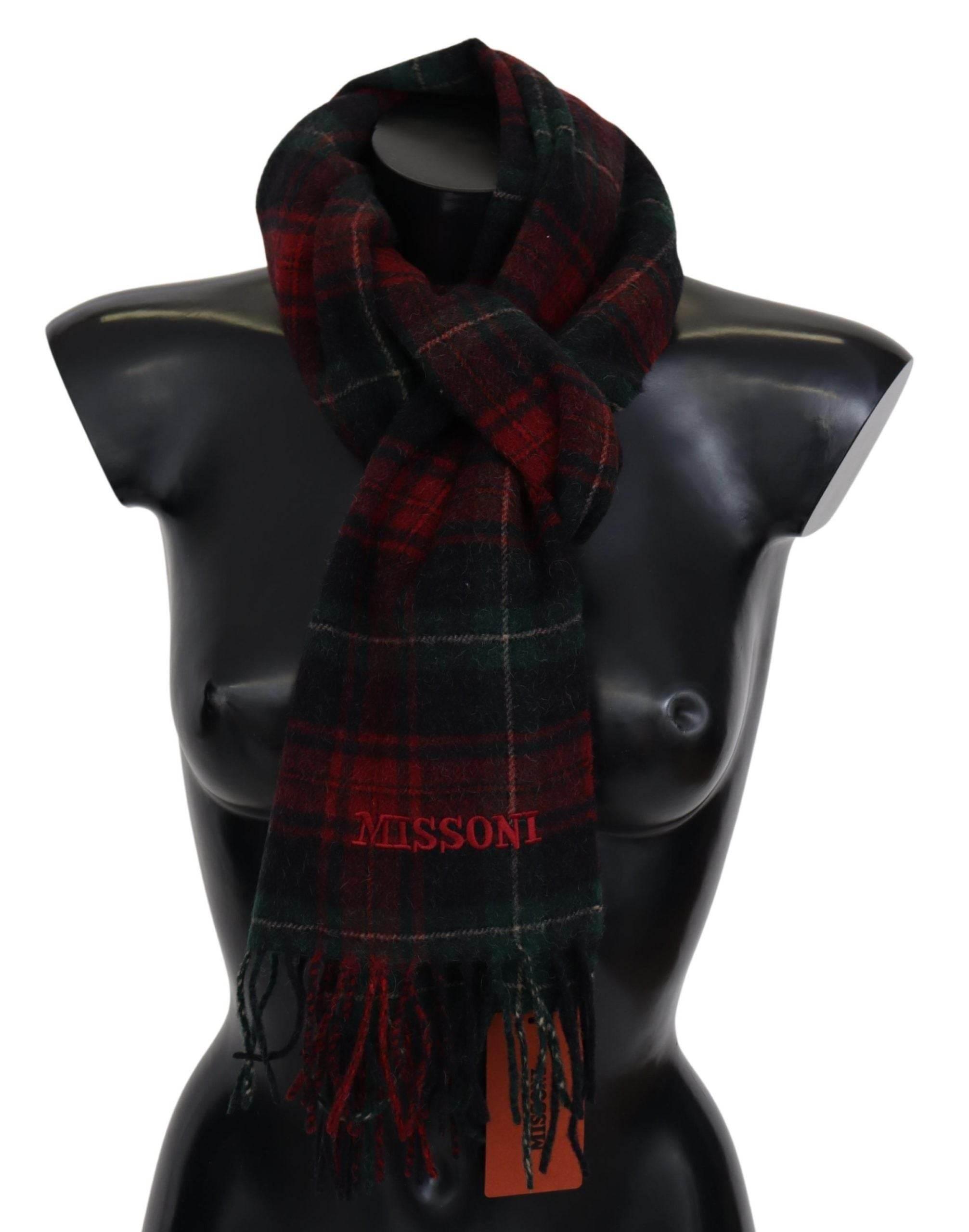 Missoni Black Red Check Wool Unisex Neck Wrap Fringes Scarf - Hilstor
