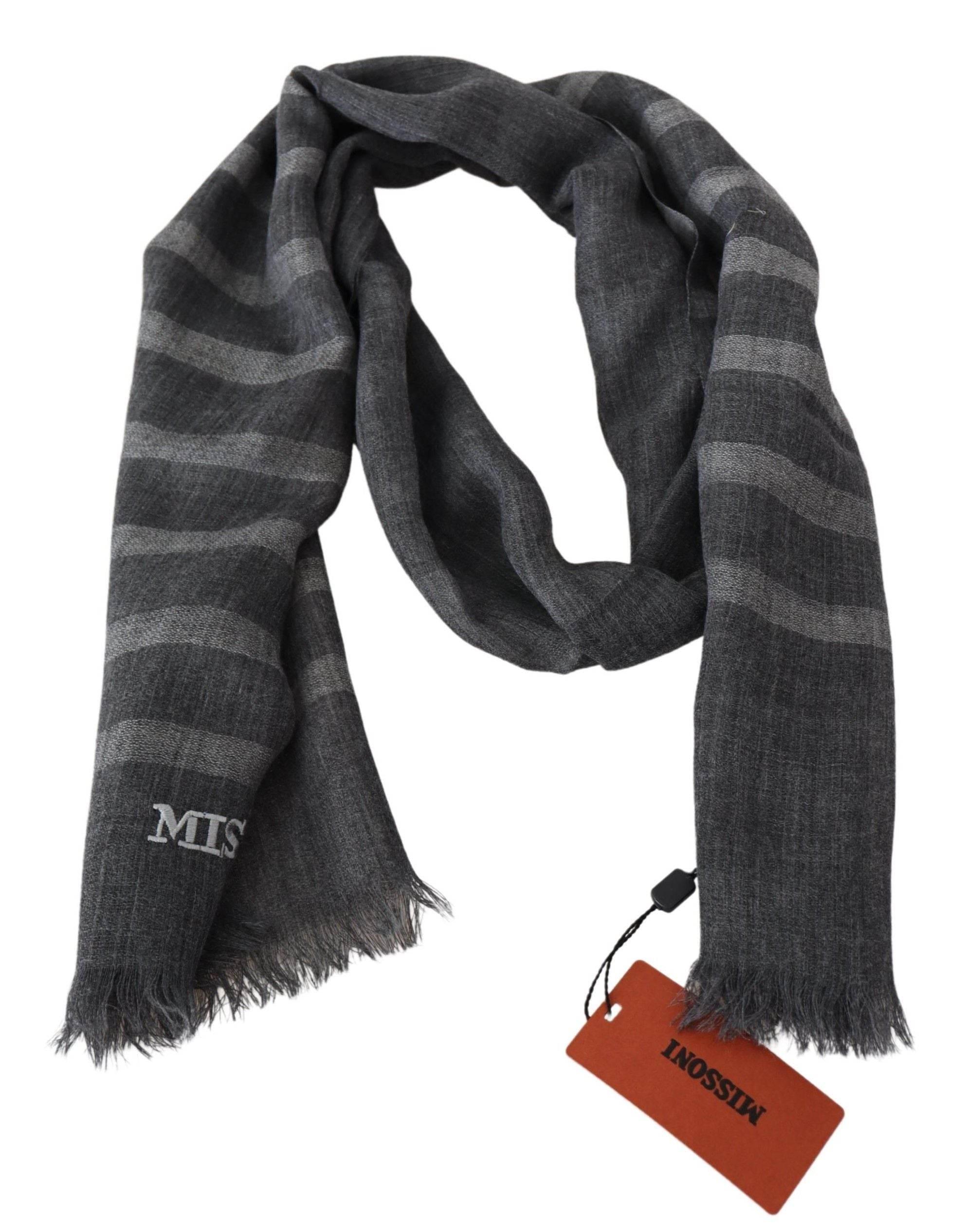 Missoni Gray Striped Wool Unisex Neck Wrap Fringes Scarf - Hilstor