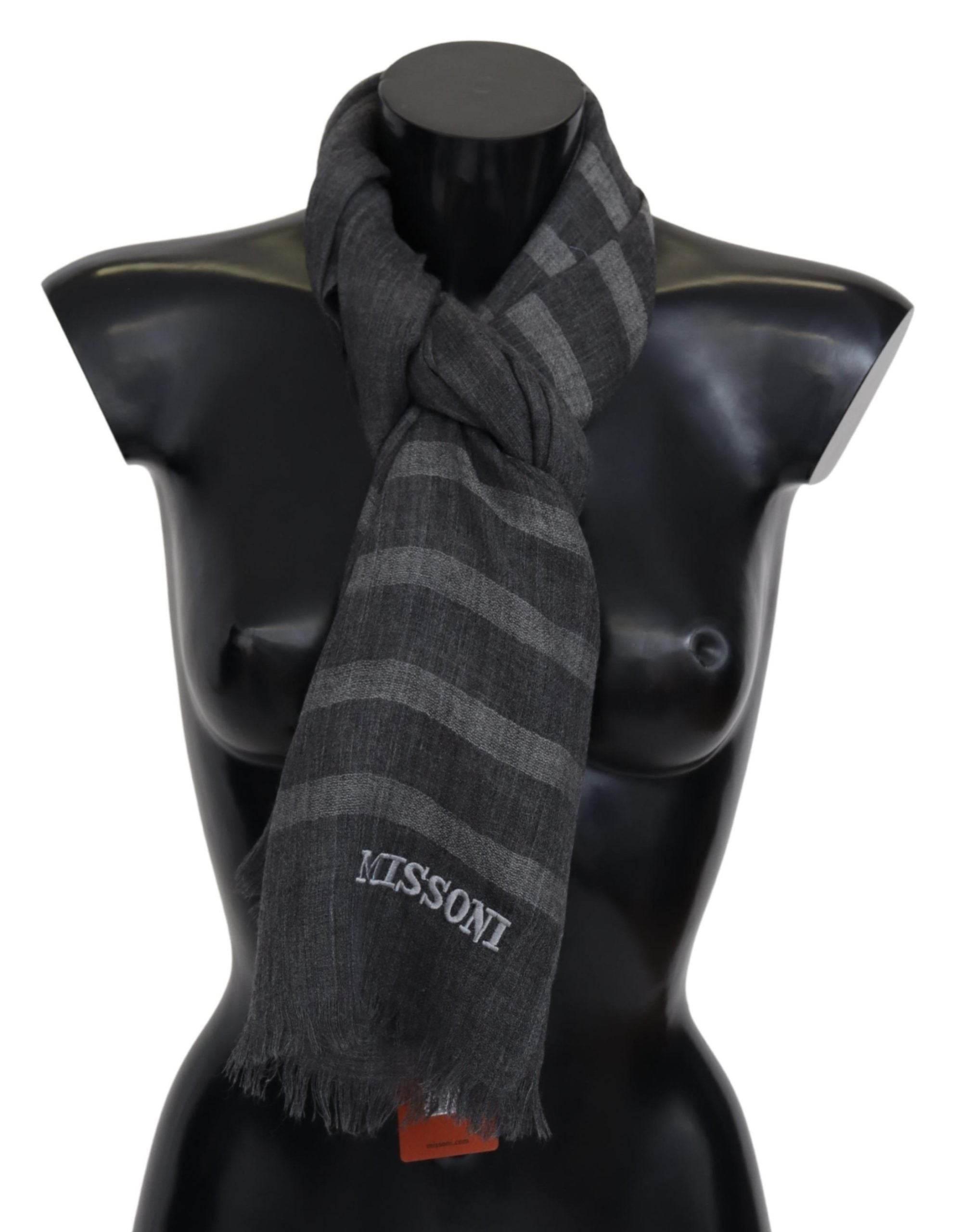 Missoni Gray Striped Wool Unisex Neck Wrap Fringes Scarf - Hilstor
