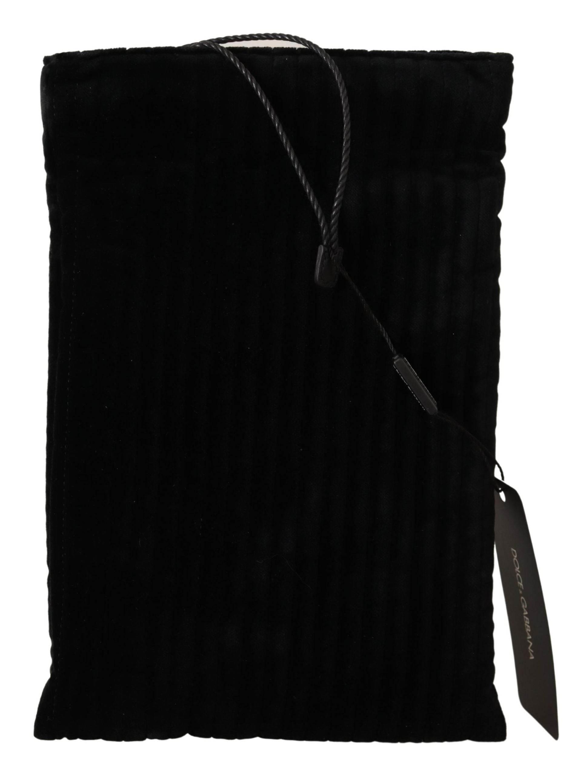Dolce & Gabbana Black Velvet Quilt Drawstring Logo Plaque Pouch Bag - Hilstor