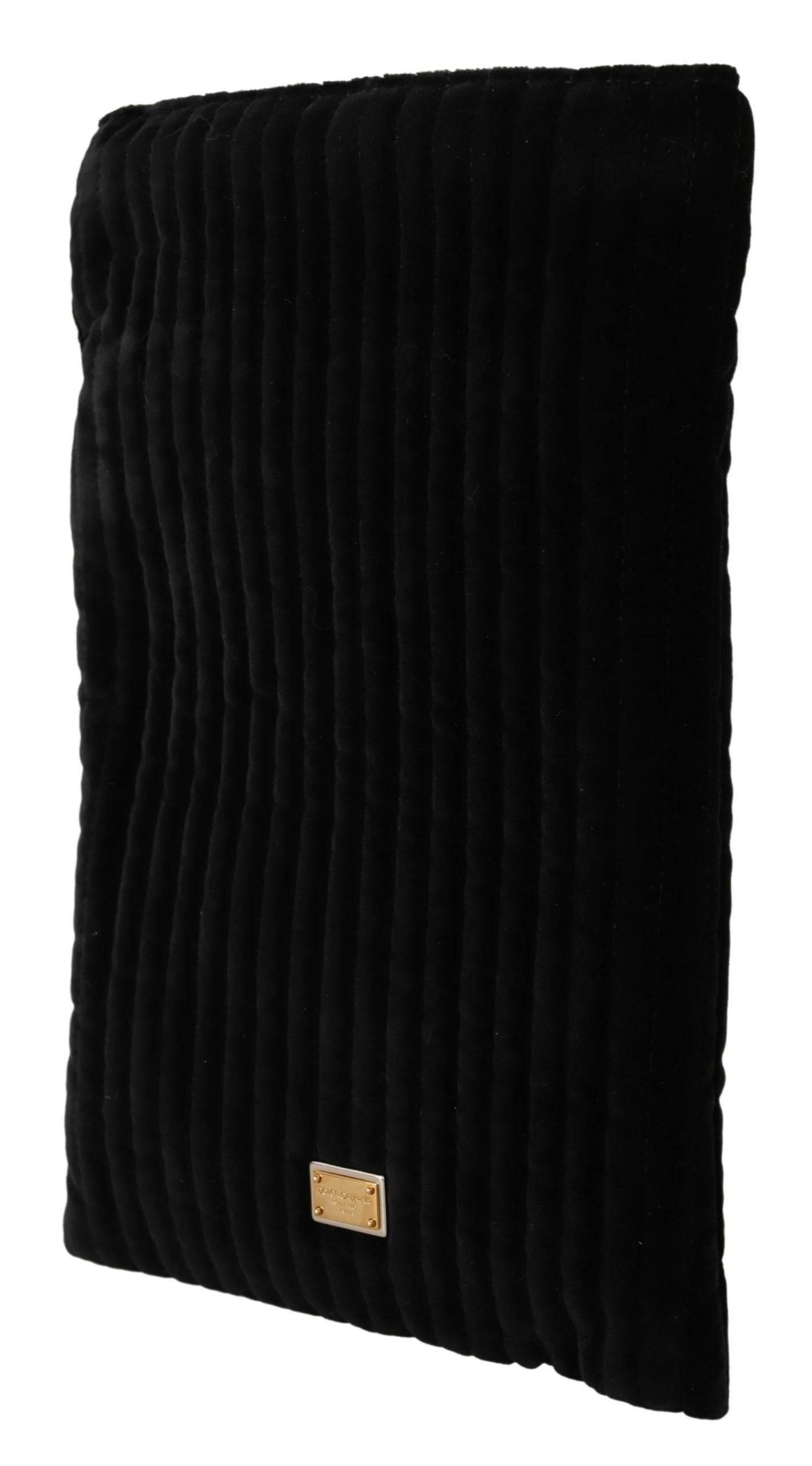 Dolce & Gabbana Black Velvet Quilt Drawstring Logo Plaque Pouch Bag - Hilstor