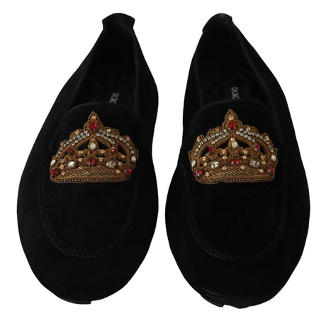 Dolce & Gabbana Elegant Black Leather Loafer Slides with Gold Embroidery - Hilstor